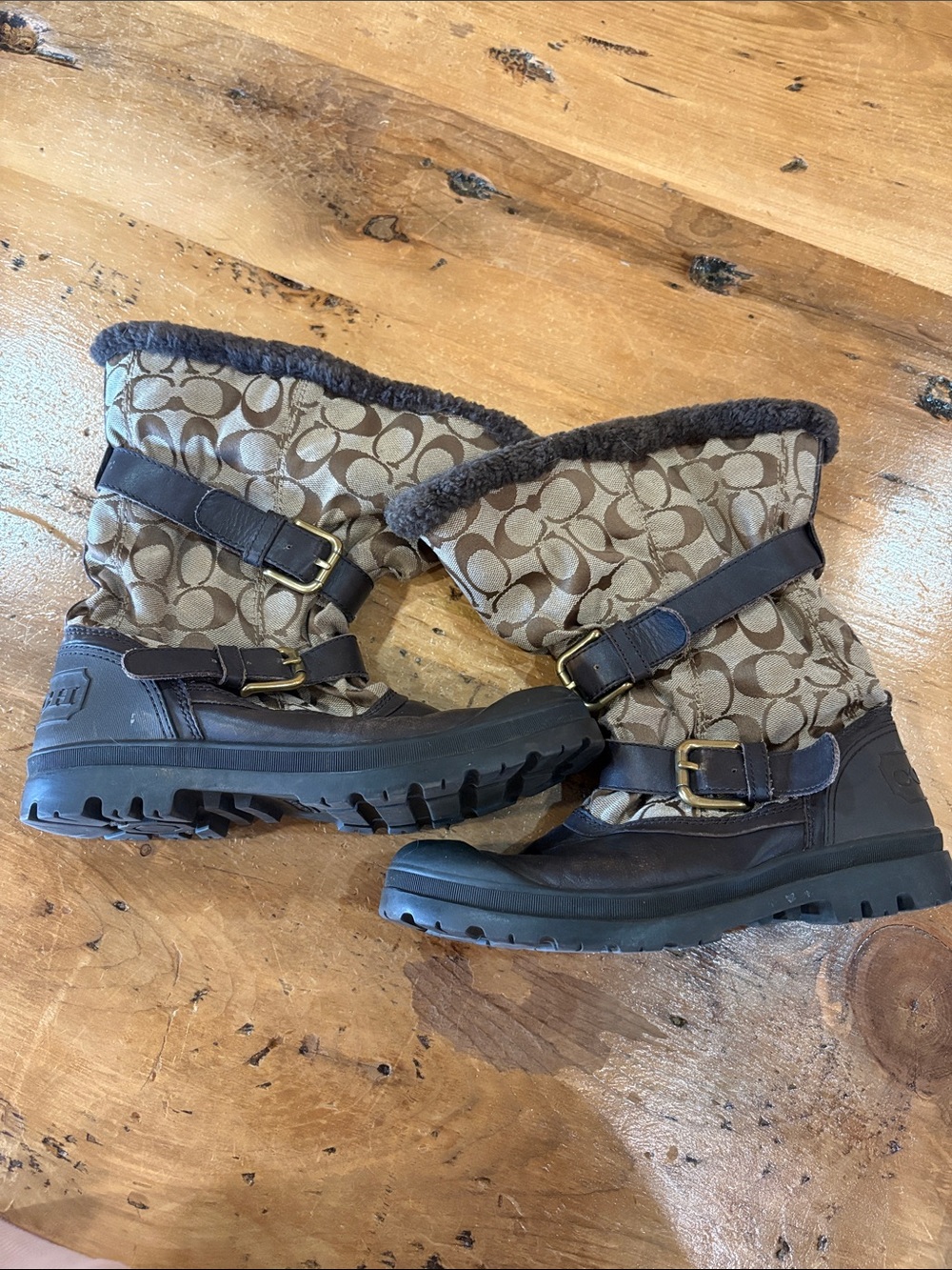 Coach Brown Signature C Canvas and Leather Winter Rain Boots